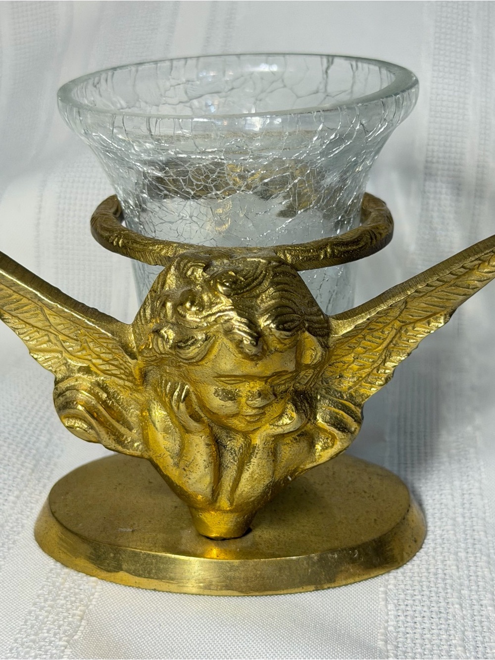 Vintage 4” Brass Angel Cherub Clear Crackle Glass Candle Holder Or Mini Vase